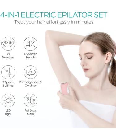 VOGOE 4-in-1 Epilator for Women - Rechargeable & Cordless Hair Removal with 21 Tweezers - Electric Razor for Face, Legs, Arms, Armpit, Bikini - 2 Speeds - Pink - Buy Online on GoSupps.com