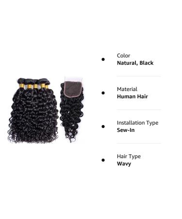 10A Brazilian Water Wave Human Hair Bundles with Closure - Natural Black Virgin Hair Extensions for Black Women (10 12 14 + 10 Closure) | Free Part Lace Closure Included - Buy Online on GoSupps.com