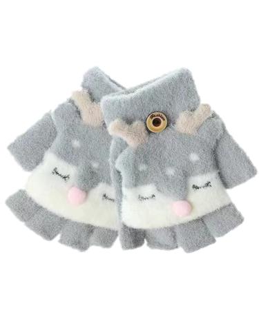Unisex Kids Winter Warm Soft Gloves Thermal Flip Top Gloves Cute Cartoon Animal Fox Half Finger Gloves Convertible Fingerless Mittens Biking Cycling Gloves for 2-8Y Baby Girls Boys Toddler Grey