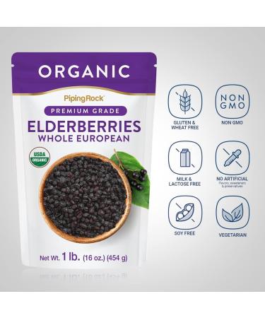 Piping Rock Elderberries Dried Organic | 1lb Bulk Supplement | European Whole Berries | Vegetarian Non-GMO Gluten Free - Buy Online on GoSupps.com
