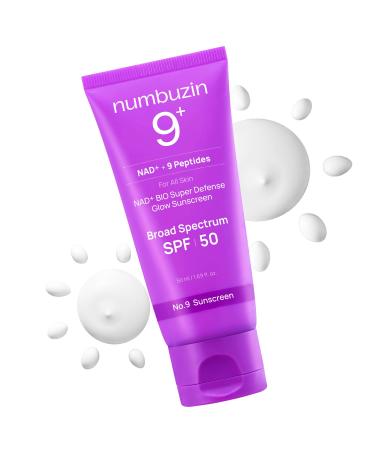 numbuzin No.9 Sunscreen | Super Defense Glow Sunscreen | Broad Spectrum SPF 50 | For All Skin Types & Skin Tones | Glowing Dewy Finish Water-Resistant | No White Cast Korean Skincare | 1.69 fl. oz.