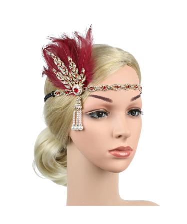 STIOEDYUAN Vintage 1920s Flapper Headband | Great Gatsby Feather Headpiece - Roaring 20s Leaf Tiara Hair Accessory (Red) - Buy Online on GoSupps.com