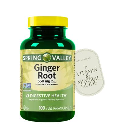 Ginger Root Capsules 550 mg 100 Count (1 Bottle) + Vitamin Guide & Sticker Included