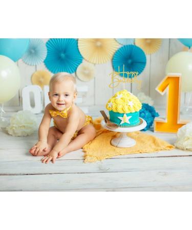 Gold One Birthday Cake Topper - 2pcs One Cake Topper and Happy Birthday Cake Topper Single-side Gold Glitter Baby 1st Birthday Cake Decorations First Anniversary Party Cake Decorations - Buy Online on GoSupps.com
