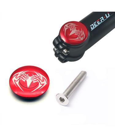 DEER U 1 1/8 inch Light Bicycle Aluminum Headset Top Cap & Stainless Steel Bolt MTB Bike, Bolt Cap Covered Spider-Red