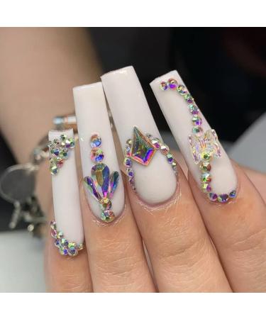 Sethexy long coffin false nails crystal sparkle wrong fingernails bling white nails to stick 24st acrylic press on nails for women and girls