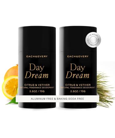 Each & Every All Natural Deodorant for Men- Aluminum-Free Sensitive Skin Plant-Based Baking Soda-Free Long Lasting 24 Hr Odor Control - Citrus & Vetiver Travel Size (2 Pack 2.5oz) Citrus & Vetiver 2.5 Ounce (Pack of 2)
