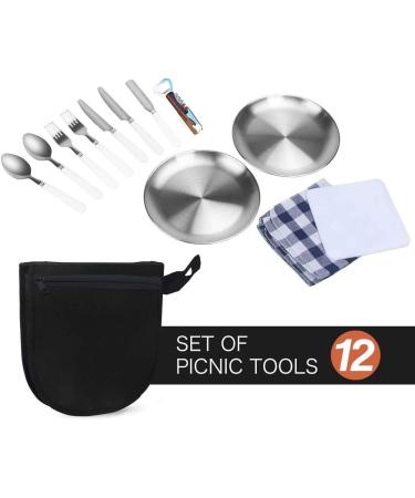 Camping Kitchen Silverware Set - 12pcs Stainless Steel Cutlery Organizer for 2 Person Dinnerware - Utensils with Plate, Spoon, Knife, Fork, Wine Opener, Napkin - Black - Buy Online on GoSupps.com