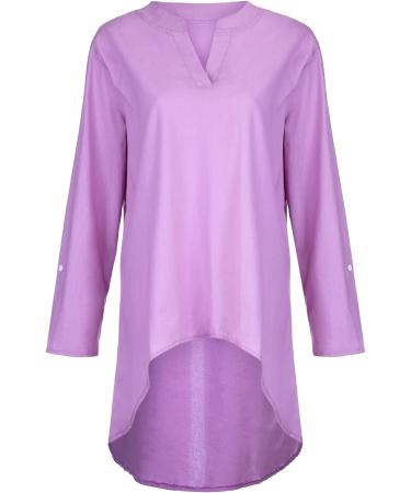 Linen Tops for Women Casual Loose Long Sleeve T-Shirt V-Neck Cute Shirts Summer Tops Button Down Oversized Graphic Tees Tunic Top Elegant Tshirt 1246-qppoj-c-purple 3XL - Buy Online on GoSupps.com