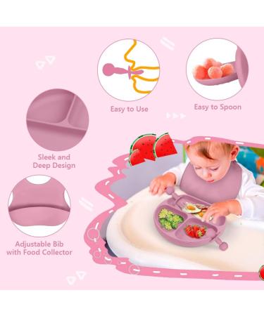 Vicloon Silicone Baby Feeding Set | 4Pcs Weaning Set | Suction Plate, Bib, Spoon & Fork | BPA Free | Toddlers & Kids Divided Plate | Gift - Pink - Buy Online on GoSupps.com