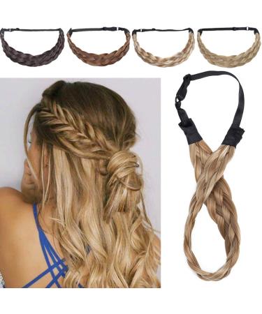 Silk-co women hair band 5 strands blond artificial hair braided headband elastic hair band for women and girls wedding vintage with hair tie hair part braids extensions 3.8cm wide 27/613 3.8cm chestnut blonde & bleaching blonde