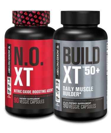 Jacked Factory N.O. XT Nitric Oxide Supplement (90 Capsules) & Build XT 50+ Daily Muscle Builder (90 Capsules) for Muscle Growth Pumps Vitalty & Recovery