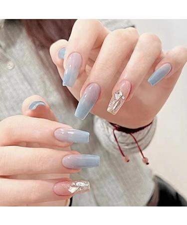24pcs False Nails With Glue - Long Coffin Ballerina Manicure Full Cover Press on Nails - Cool Fake Nails for Women Girls (Pink & Blue)