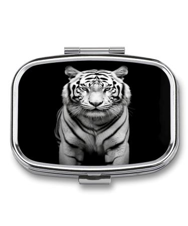 Pill Box Black and White Tiger Print 2 Compartment Medicine Pill Case Pill Organizer Decorative Metal Portable Pill Box for Pocket Or Purse Style