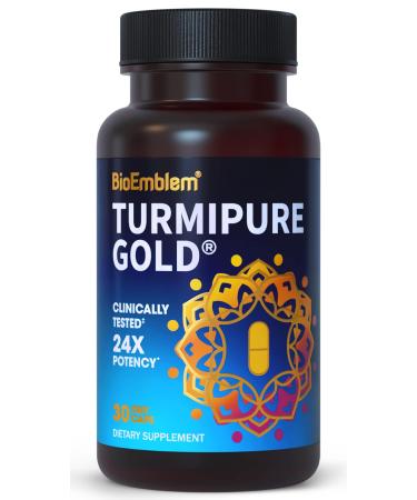 BioEmblem Turmeric Curcumin with Clinically Studied TurmiPure - 1 Small Cap Daily, 24x More Absorption Than Others - Joint Support, Healthy Inflammation Tumeric Supplements - Non-GMO - 30 Servings 30 Capsules