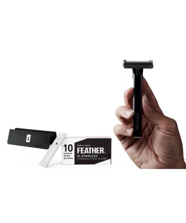 OneBlade Hybrid Safety Razor with Stand & 10 Premium Japanese Feather FHS Refill Blades - For All Skin Types - Single Blade Razor Black