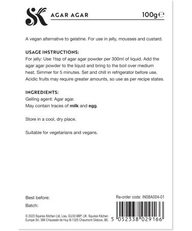 Squires Kitchen Agar Agar 100g - Specialist Ingredients Premium Quality Agar Agar Powder Vegan Gelatine Vegan Non-GMO Gluten Free - Buy Online on GoSupps.com