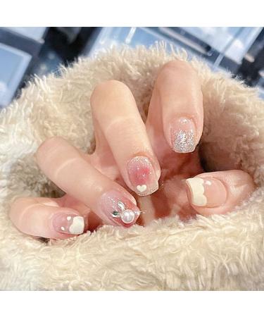 24Pcs/Set Press On Nails Short cute and Pure desire pearl long diamond bunny exploding powder blusher False Nails Acrylic Fake Nails Full Cover Nails Manicure Press on nails for Women and Girls