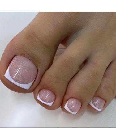 24PCS White French Tip Press on Toenails Short Square Natural Nude Glitter Fake Toenails Acrylic Toe Nails Press on Classic Artificial Seamless Fit Summer Glue on Fake Toe Nails for Women Manicure FAKE TOENAIL0417-18