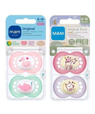 MAM Day & Night Original Girls Silicone Pacifiers 6-16 Months - Set of 4 with Sterilized Transport Boxes - International Shipping Available - Buy Online on GoSupps.com