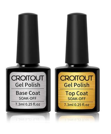 Croitout Gel Base and Top Coat Sets UV LED Shellac Top Coat and Base Coat No Wipe Gel Top Coat and Base Coat Soak Off Top and Base Coat Gel Polish Set Long Lasting Shiny High Gloss Finish 2 x 7.3ml 2BT-001 7.3 ml (Pack of 2)