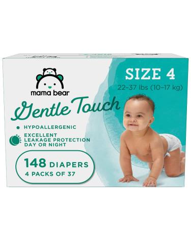 Amazon Brand - Mama Bear Gentle Touch Diapers, Hypoallergenic, Size 4, 148 Count (4 packs of 37) 4 Count (Pack of 37) 4 Packs