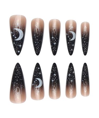 Buy 24 Pcs Halloween French Tip Press on Nails - SHANRUN Long Stiletto Almond Black Ombre Gel X Nail Art with Sequins & Jelly Glue | International Shipping Available - Buy Online on GoSupps.com
