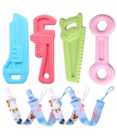 Cokomono 4 Pcs Baby Teething Toys for Babies 3-6 Months  Baby Teethers 6 to 12 Months with 4 Pcs Pacifier Clips  Baby Chew Toys 3-6 Months  Molar Teether  BPA Free Silicone Tools Set