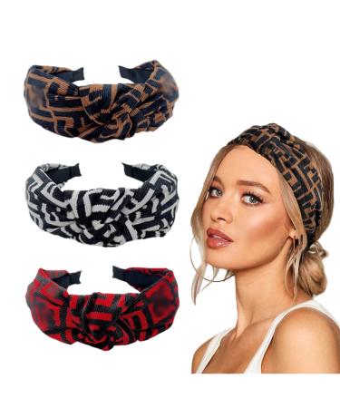 ALSTYTURE Designer FF Headband for Women 3 Pack Top Knotted Headband for Hair Wide Elastic Hair Band for Girls Letter F Print Hair Accessories (BROWN) Black