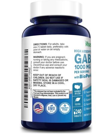 NusaPure GABA 1000mg 240 Tablets with Bioperine - Vegan, Non-GMO & Gluten-Free - Buy Online on GoSupps.com