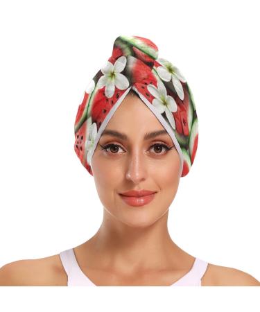 Plumeria Watermelon Hair Towel 2 Pack Super Absorbent Hair Drying Towel Quick Dry Hair Turbans Head Towel with Button Twisty Wrap for Women Girls