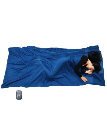 Browint Silk/Cotton Travel Sheet with Double Zippers, 87"x43" Extra Wide Sleep Sack for Hotels, Lightweight Sleeping Bag Liner for Camping, Traveler Rectangular with Pillow Pocket  Dark Blue