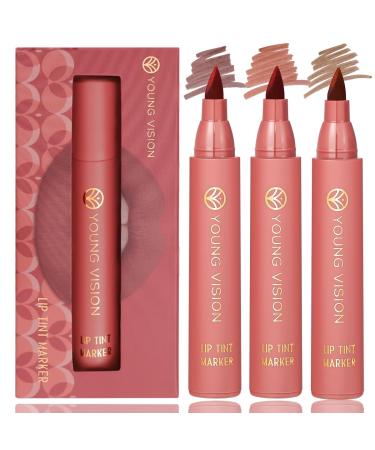 YOUNG VISION Lip Tint Marker 3 PCS Set Lightweight Lip Stain Liquid lipstick with Nude Matte Shades Lip Liner and Stick 2-in-1 Long Wearing and Waterproof SET B