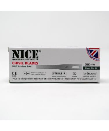 25 x NICE FINE 62 Sterile Stainless Steel Chisel Blades FS62 for Podiatry and Chiropody