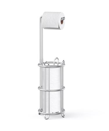 Meangood Toilet Paper Holder Stand and Tissue Paper Roll Dispenser for 4 Mega Rolls, Bathroom Free Standing Tissue Roll Storage Holder Rack, Metal Wire Silver