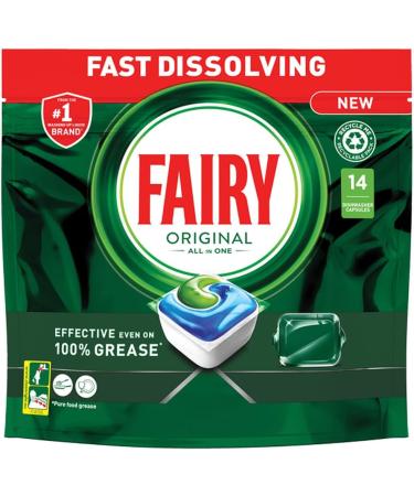 Fairy Original All in One Dishwasher Pouches Food Grease Water Stains Remover Cleaner Detergent Shiny Glasses Washing Up Liquid 14pk Pack of 2 with Welari Thank You Card | (2pack) (2x189g) - Buy Online on GoSupps.com