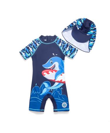 BONVERANO Baby Boys Swimsuit Toddler Bathing Suit Short-Sleeve Zipper One Piece Swimwear with UPF 50+ Sun Protection 3-6 Months Surf Shark