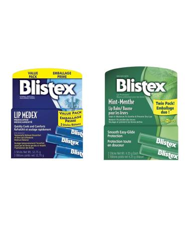 Blistex Lip Medex Stick Value Pack 3 count + Blistex Mint Lip Balm Twin Pack 2 count Lip Balm+Mint Lip Balm