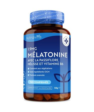 Melatonin 1.9 mg per tablet with Passionflower Melissa and Vitamin B6 - Fully Vegan High Strength Melatonin Supplement - Promotes healthy sleep - 150 tablets - Nutravita