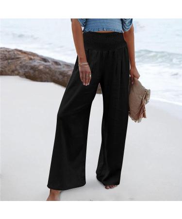 Gufesf Women's Casual Cotton Linen Palazzo Pants - Floral Beach Wide Leg Trousers with Pockets | A1-black, Large - Buy Online on GoSupps.com