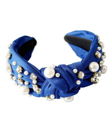 Knotted Pearl Headbands for Women Royal Blue Wide Top Rhinestone Headband Jeweled Headbands Turban Hairband Hair Accessories for Women Girls