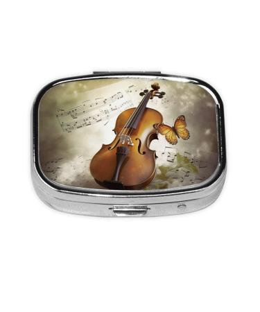 Butterfly and Cello Printing 2 Compartment Small Pill Case Cute Small Pill Box Purse Pill Boxs Travel Pill Organizer for Pocket Purse and Travel Gifts