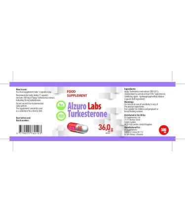 ALZURO LABS Turkesterone 10000mg Equivalent Ajuga Turkestanica Extract 201 500mg 60 vegan capsules 3rd batch tested by laboratory - Buy Online on GoSupps.com