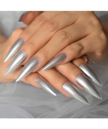 Long Stiletto Silver Glitter Press On Nails - High Gloss Reusable Acrylic Full Cover Fake Nails Kit (24 Pieces) - International Shipping Available - Buy Online on GoSupps.com