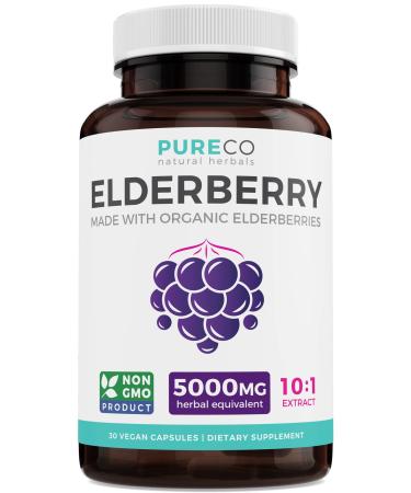 Organic Elderberry Capsules - 10:1 Extract Equals 5 000mg of Fresh Elderberries (Vegan) for Immune Support  Allergy  Sinus Relief - Sambucus Nigra - Black Elderberry - 30 Caps (No Pills or Gummies)