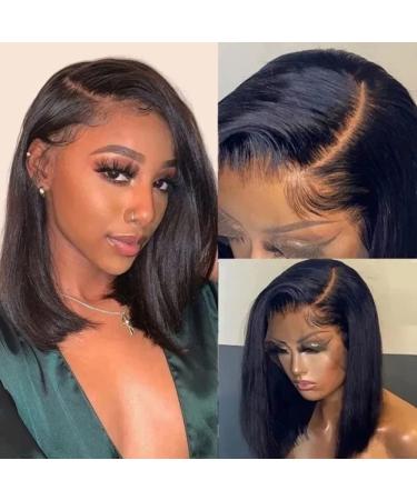 Nadula Short Straight Asymmetrical Bob Wigs Human Hair 13x4 Lace Front Side Part Bob Wig 100% Unprocessed Brazilian Virgin Hair Lace Frontal Bob Wig Pre Plucked with Baby Hair 150% Density 12inch 12 Inch Side Part Bob Wig