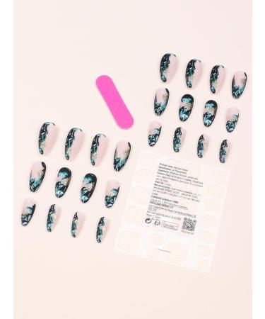 24pcs Blue Gold Foil Press on Nails Botanical Plant Fake Nail Green Medium Square Coffin Nails Press on Nails Coffin Shape Nails - Buy Online on GoSupps.com