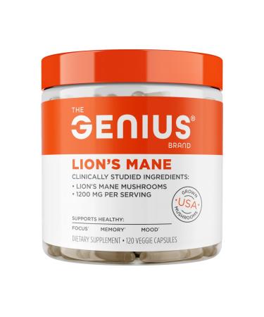 The Genius Brand Genius Lion's Mane - Plant-Based Supplement for Memory, Focus & Mood Support - Organic & Non-GMO - 120 Veggie Capsules