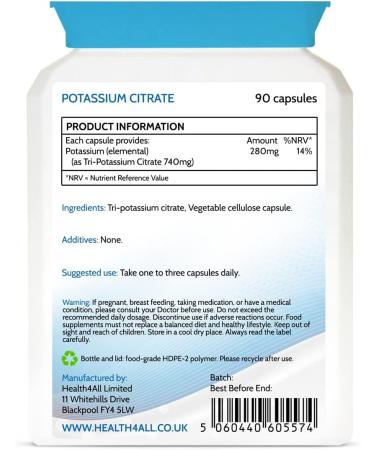 Health4All Potassium Citrate 740mg 90 Capsules (V) High Elemental Potassium. Purest: no additives. Vegan Potassium Supplement 90 Count (Pack of 1) - Buy Online on GoSupps.com