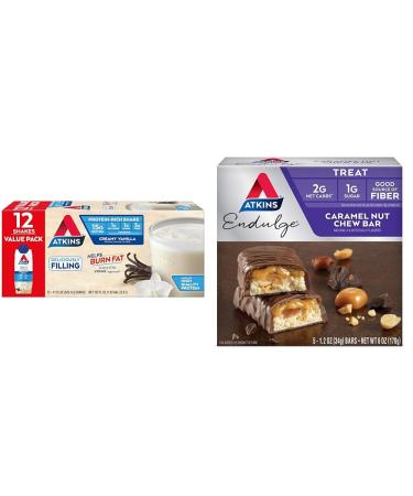 Atkins Creamy Vanilla Protein Shake 15g Protein 12 Count and Caramel Nut Chew Bar Dessert Favorite 5 Count Bundle